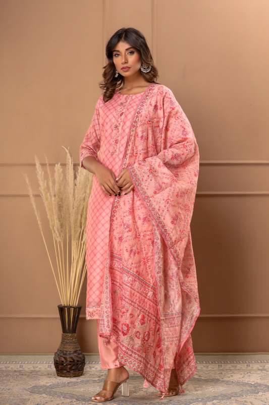 Chanderi suit Pink  Katha Handwork Duptta set