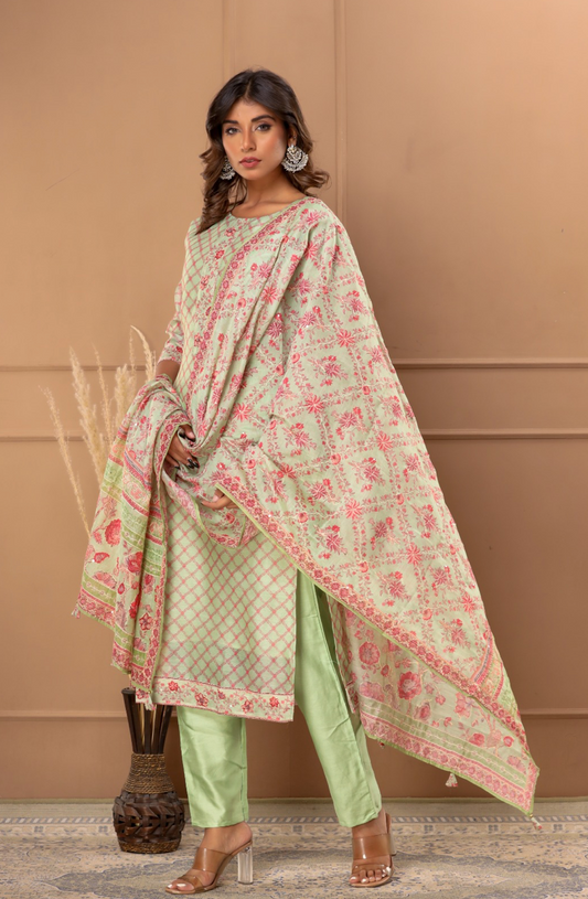 Chanderi  Suit -Green Katha Handwork