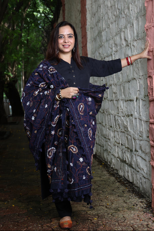 Navy Blue with Overall Embroidery Dupatta