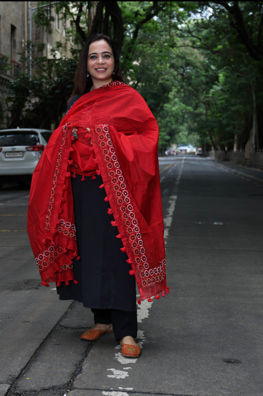 Red Hand Embroidered Dupatta